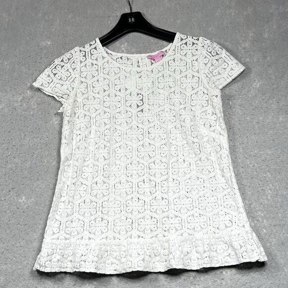 Lilly Pulitzer Darla Peplum Top Size Small White Eyelet Floral Lace Crochet Bow - Picture 1 of 14